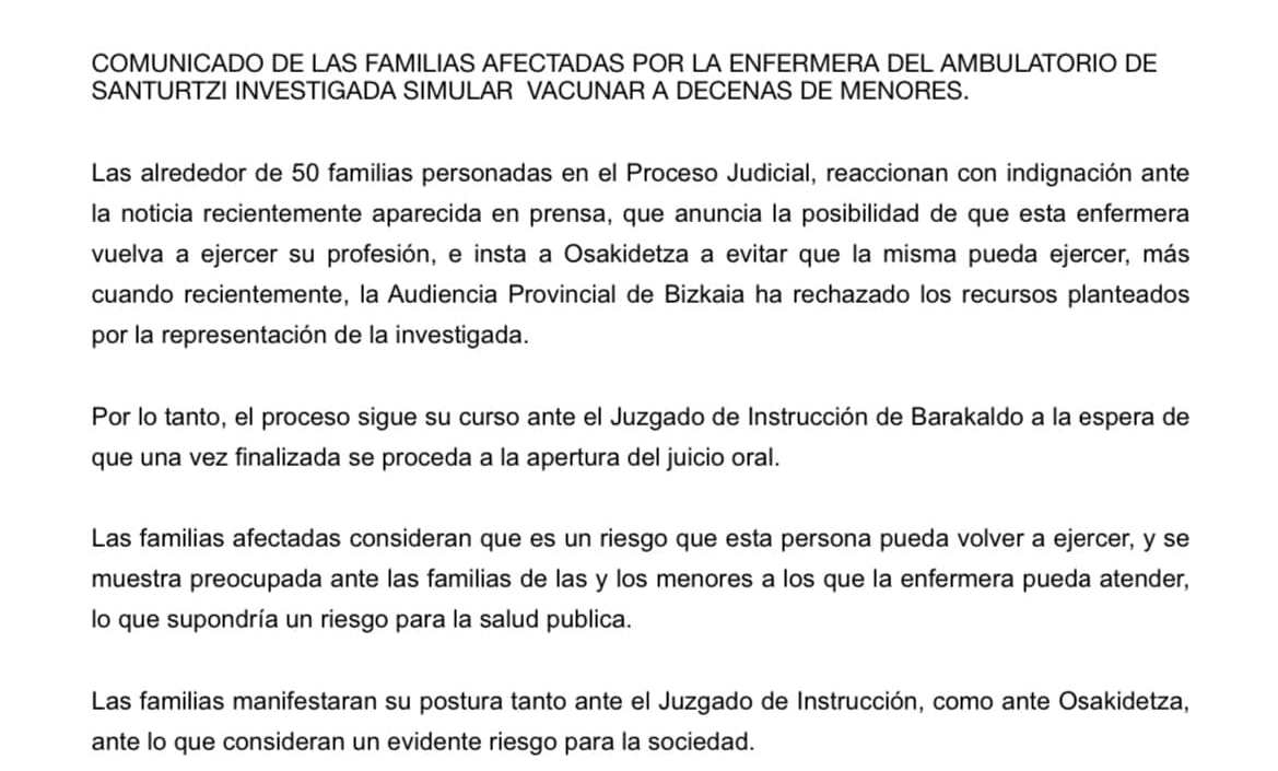 Indignación entre las familias que denunciaron a una enfermera de Santurtzi por simular vacunar a sus hijos